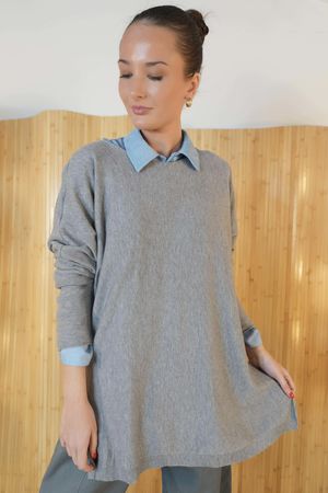 Winnie Ribby Stretch Longline Fine Knit Grey Marl